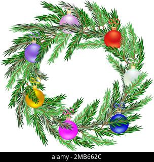 Fotorealistischer Weihnachtskranz mit Ästen und vielen farbigen dekorativen Kugeln mit Farbverlauf Stock Vektor