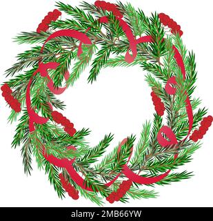 Fotorealistischer Winter-Weihnachtskranz mit immergrünen Zweigen, dekorativem roten Band und Beeren Stock Vektor