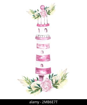 Handgezeichnete maritime, pinkfarbene Blumenzeichnung mit Leuchtturm und Blumenstrauß Stockfoto