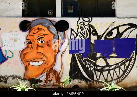 Protestbild des ehemaligen chilenischen Präsidenten Sebastián Piñera mit Mickey Mouse Ears, Copiapo, Chile Stockfoto