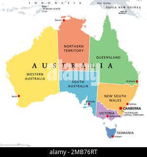 Australien, eine farbige politische Karte mit der Hauptstadt Canberra und Verwaltungsstaaten und -Territorien in verschiedenen Farben. Stockfoto