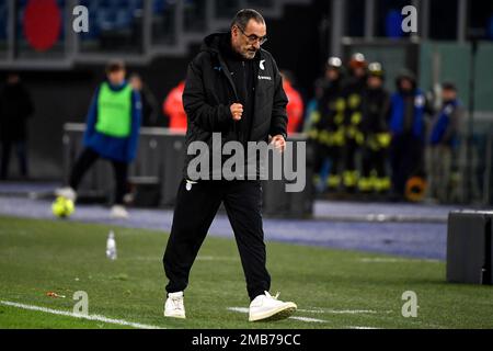 Der Trainer von Maurizio Sarri der SS Lazio feiert am Ende des Fußballspiels des Italy Cup zwischen der SS Lazio und dem Bologna FC im Olimpico-Stadion in Rom (IT Stockfoto