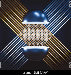 Geometrischer Hintergrund mit goldenen Halbkugeln und Linien. 3D-Rendern Stockfoto