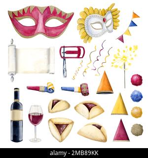 Aquarelle Purim-Symbole für jüdische Feiertagspartys: Masken, Klapperschlangen, Hamantaschen, Esther-Schriftrolle, koscherer Wein Stockfoto