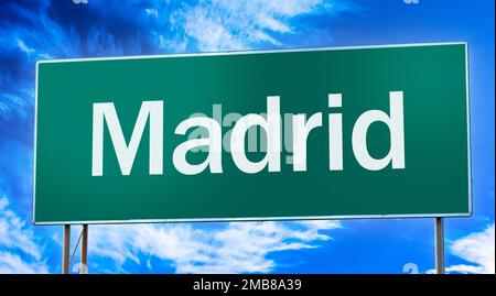 Straßenschild mit Hinweis auf den Eingang zur Stadt Madrid. Stockfoto