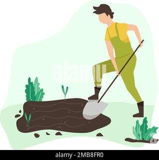 Gärtnerinnen springen. Flachvektormodell-Illustration Männer, die Hobby-Gartenarbeit machen. Frühjahrsgärtnerkonzept Stock Vektor