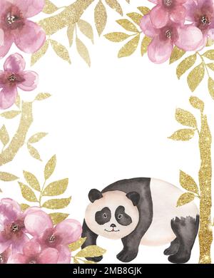 Panda mit goldenem Bambus und rosa Blumenrahmen, Panda umgeben von Bambuszweigen und Blüten, handgemalte Komposition, Aquarell-Illustration, mit C. Stockfoto