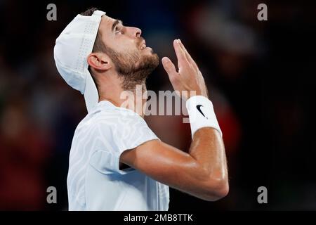 Melbourne Park 20/1/2023. Karen KHACHANOV (RUS) besiegt Frances TIAFOE (USA) bei den Australian Open 2023. Corleve/Alamy Live News Stockfoto