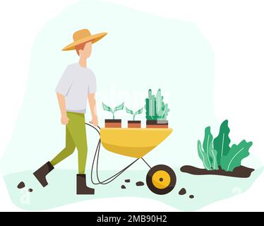 Gärtnerinnen springen. Flachvektormodell-Illustration Männer, die Hobby-Gartenarbeit machen. Frühjahrsgärtnerkonzept Stock Vektor