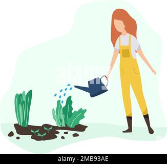 Gärtnerinnen springen. Flachvektorkonzept Illustration Frauen, die Hobby-Gartenarbeit machen. Frühjahrsgärtnerkonzept Stock Vektor