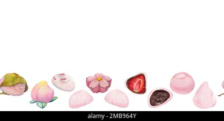 Handgezeichnete traditionelle japanische Süßigkeiten in Aquarellfarben. Nahtloser Rand von Frühlings-Wagashi, Sakura-Blumen. Isoliert auf weißem Hintergrund. Für Einladungen Stockfoto