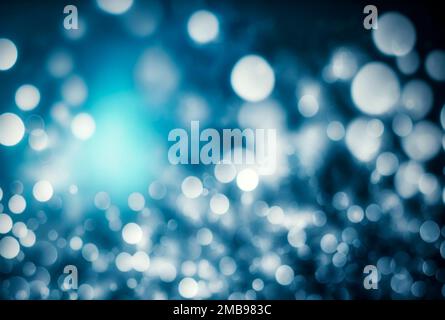 Abstrakter blauer, verschwommener Bokeh-Hintergrund mit hellen, runden, glänzenden Lichtern verschiedener Größen und dunklen Flecken Stockfoto