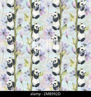 Süße Pandas krabbeln auf einem Baum mit zarten Fliederblumen. Aquarelldarstellung. Nahtloses Muster aus der BAMBUSKOLLEKTION. Zur Dekoration und Stockfoto