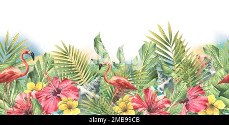 Blätter tropischer Palmen, Hibiskusblüten, Muscheln und rosa Flamingos vor dem Hintergrund des azurblauen Meeres und Himmels. Aquarelldarstellung Stockfoto