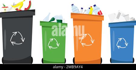Mülltrennung, Mülltrennung zum Recycling, Mülltrennung, Recyclingbehälter. Verschiedene Arten von Müll: Papier, Kunststoff, Glas, organisch. Moderne Wohnung V Stock Vektor