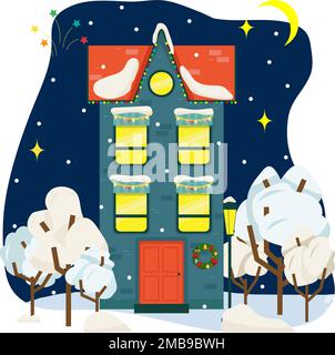 Weihnachtliches Schneehaus im Innenbereich mit Winterlandschaft Stock Vektor