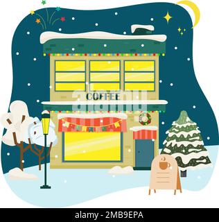 Weihnachtliches Schneehaus im Innenbereich mit Winterlandschaft Stock Vektor