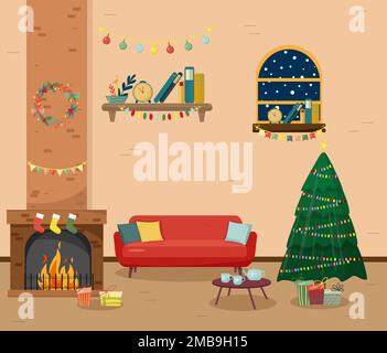 Weihnachtszimmer mit Kamin, Innenausstattung in farbenfrohem Cartoon-Flachstil. Stock Vektor