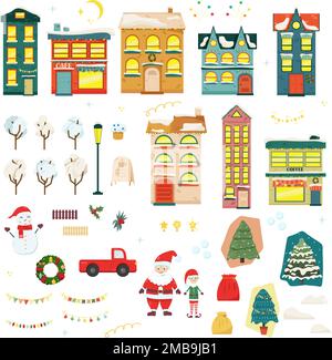 Heim-Set für Neujahr und Weihnachten. Stilvolle Winterhäuser mit Schneemännern, Bäumen und Bergen. Winter City Kollektion. Vektorabbildung Feiertage Stock Vektor