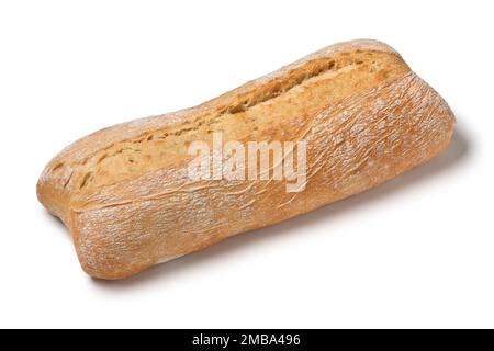 Traditionelles italienisches vollständiges, frisch gebackenes Ciabatta-Brot isoliert auf weißem Hintergrund aus nächster Nähe Stockfoto