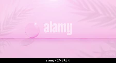 Minimaler abstrakter hellrosa Hintergrund für die Produktpräsentation. Glaskugel auf dem Hintergrund von Pflanzenschatten. Stockfoto