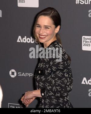 Park City, USA. 19. Januar 2023. Emilia Clarke nimmt am 19. Januar 2023 im Eccles Theatre in Park City, Utah, an der Premiere des Sundance Film Festival „Pod Generation“ 2023 Teil. Foto: Casey Flanigan/imageSPACE Credit: Imagespace/Alamy Live News Stockfoto