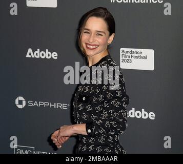 Park City, USA. 19. Januar 2023. Emilia Clarke nimmt am 19. Januar 2023 im Eccles Theatre in Park City, Utah, an der Premiere des Sundance Film Festival „Pod Generation“ 2023 Teil. Foto: Casey Flanigan/imageSPACE Credit: Imagespace/Alamy Live News Stockfoto