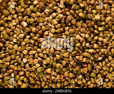 Natürliche Grüne Rohe Buchweizen Groats. Rohe, nicht gedämpfte Buchweizenkörner. Bio-Buchweizenkörner bereit zum Kochen Haferbrei. Ökologisch sauber gesund Stockfoto