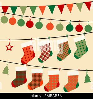Weihnachtskarte mit Wimpel und Girlanden, Socken, Flaggen und Weihnachtsbällen zum Hängen Stock Vektor