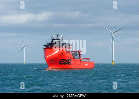 Westermost Rough Wind Farm, 2015. Das Spezialschiff Sea Challenger und 6MW Windturbinen auf der Westermost Rough Wind Farm. Stockfoto