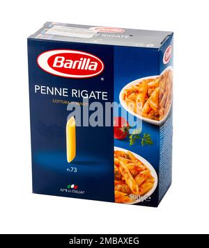 CHISINAU, MOLDAWIEN - 25. März 2016: Eine Packung Barilla Pasta, Pennette Rigate. Ein Angereichertes Makkaroni-Produkt. Stockfoto