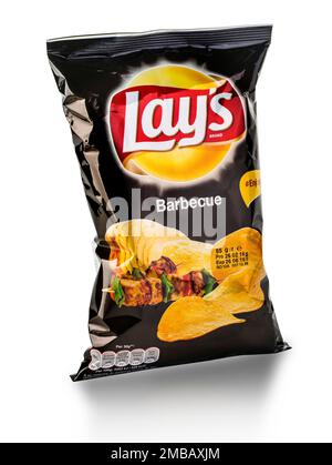 Chisinau, Moldawien   25. März 2016: Beutel Frito Lay Barbecue Kartoffelchips. Frito-Lay ist der weltweit größte verteilte Snack. Stockfoto