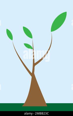 Ein kleiner Baum mit kleinen Blättern, Baum im Frühling, blauer Himmel, kurzer Baum, grün und blau und braun, Stamm Illustration Stockfoto