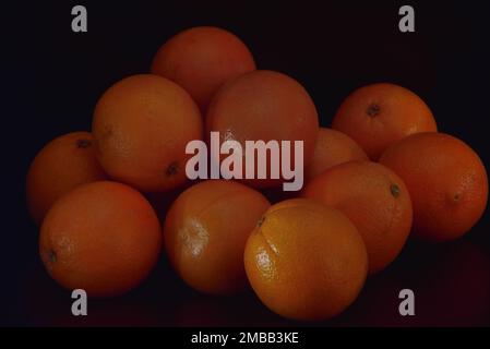 Mehrere frische Orangen auf schwarzem Hintergrund. Bereit zum Essen reifer Früchte. Stockfoto