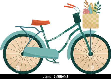 Flaches Retro-Fahrrad mit Blumenkorb Stock Vektor