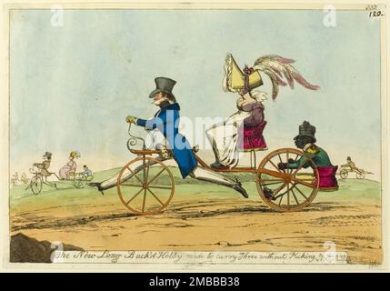 The New Long Back'd Hobby Made to Carry Three without Kicking, veröffentlicht am 19. Juni 1819. Ein Hobby-Pferd (ein Vorläufer des Fahrrads), das für die Beförderung eines Passagiers geeignet ist, mit einem schwarzen Diener (oder Sklaven) am Heck. Das wird William Heath zugeschrieben. Stockfoto