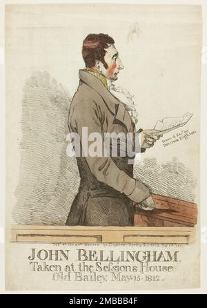 John Bellingham, n.d. Aufgenommen im Session House, Old Bailey, Mai 15. 1812. Der britische Premierminister Spencer Perceval wurde in der Lobby des Unterhauses von John Bellingham erschossen, einem Händler, der in Russland zu Unrecht inhaftiert worden war. Er hatte sich über die britische Regierung beschwert, nachdem diese seine Schadensersatzanträge abgelehnt hatte. Bellingham wurde in der Öffentlichkeit gehängt, drei Tage nachdem er für schuldig befunden wurde. Stockfoto