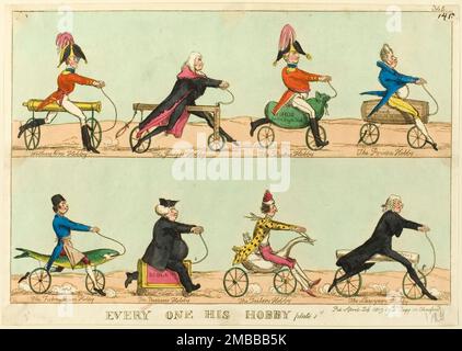 Jeder sein Hobby, Kennzeichen 1, veröffentlicht am 24. April 1819. Karikaturen von Männern auf Hobbypferden (Vorläufer des Fahrrads), die ihren Beruf widerspiegeln: „Wellingtons Hobby [Duke of Wellington Astride a Cannon], der Hobby des Richters [ein Gibbet], der Hobby des Duke [Sack of Money: '&#XA3;10.000 for Visiting the Kranke'], The Prince's Hobby [der Prinzregent auf einem Fass mit der Aufschrift 'Punch, Princes Mix], The Fishmonger's Hobby [fischförmiges Hobby], The Parson's Hobby [eine bibel], The Schneider's Hobby [ein Schwan], The Anwalt's Hobby [Dokument mit der Aufschrift 'Brief']. Das wird William Heath zugeschrieben. Stockfoto