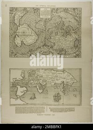 Orontius Finaeus, 1531, Nachdruck 1889. Oben: „Terra Australis“ auf der linken Seite. Europa, Russland, Nordpol, China und Nordafrika auf der rechten Seite. Bottom: Teile von kürzlich einmarschierten Nord- und Südamerika; Europa, Afrika und Asien. "Dies ist der Auftrag eines Mappe, der 1527 aus Sivill (Sevilla) in Spayne von maister Robert Thorne Marchaunt an Doktor Ley Embassadour für König Heinrich den 8. Geschickt hat. Auf Karl den Kaiser, und obwohl das gleiche in dieser Zeit unhöflich erscheinen mag, habe ich es doch gesagt, weil sein Alkohol ohne das gleiche nicht verstanden werden konnte. Die Unvollkommenheit, von der Mappe sein könnte Stockfoto