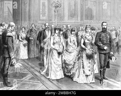 "Die Hochzeit von Prinzessin Victoria, Tochter der Kaiserin Frederick, mit Prinz Adolphus von Schaumburg-Lippe in Berlin; Betreten der Schlosskapelle", 1890. Aus „The Graphic. An Illustrated Weekly Newspaper“, Band 42. Juli bis Dezember 1890. Stockfoto