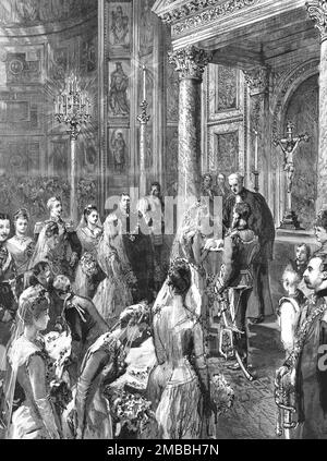 "Die Hochzeit von Prinzessin Victoria, Tochter der Kaiserin Frederick, mit Prinz Adolphus von Schaumburg-Lippe in Berlin; die Zeremonie", 1890. Aus „The Graphic. An Illustrated Weekly Newspaper“, Band 42. Juli bis Dezember 1890. Stockfoto