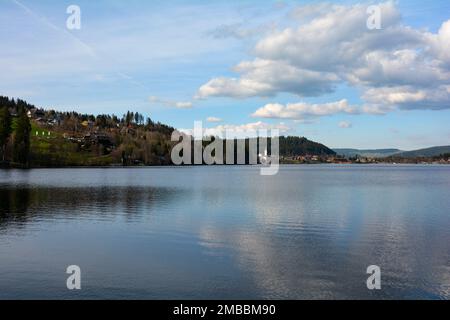 Auf dem Titisee mit Blick auf die Küste, mit Häusern aus dem Dorf Neustadt, im Schwarzwald, Deutschland Stockfoto