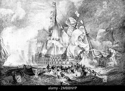 "Schlacht vor Cape Trafalgar, 21. Oktober 1805--Situation von Lord Nelsons Flaggschiff "The Victory", nach J. M.M.Turner, R.A.' 1891. Aus „The Graphic. An Illustrated Weekly Newspaper“, Band 44. Juli bis Dezember 1891. Stockfoto
