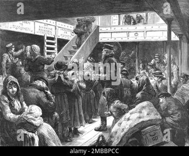 "Die Emigration der russischen Juden - Skizzen an Bord des Guion Liner "Wisconsin", der Rausch um die erste Mahlzeit", 1891. Aus „The Graphic. An Illustrated Weekly Newspaper“, Band 44. Juli bis Dezember 1891. Stockfoto