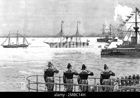 "Die Heirat von Prinzessin Louise von Schleswig-Holstein und Prinz Aribert von Anhalt; seine Ankunft als deutscher Kaiser in Port Victoria, 1891", 1891. Aus „The Graphic. An Illustrated Weekly Newspaper“, Band 44. Juli bis Dezember 1891. Stockfoto