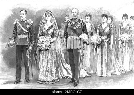 "Die Hochzeit von Prinzessin Louise von Schleswig-Holstein und Prinz Aribert von Anhalt in St. Georges Chapel, Windsor, am 6. Juli 1891; die Brautprozession, 1891. Aus „The Graphic. An Illustrated Weekly Newspaper“, Band 44. Juli bis Dezember 1891. Stockfoto