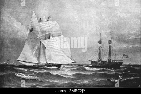 „The Race for the America's Cup - The Cambria Rounding Sandy Hook“, 1870 (1891). Aus „The Graphic. An Illustrated Weekly Newspaper“, Band 44. Juli bis Dezember 1891. Stockfoto