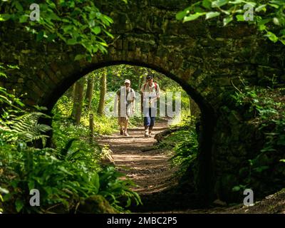 Zwei Geher nähern sich der kleinen, einbeinigen Steinbrücke über den alten Gleisweg in Ticknall Limeyards, Derbyshire, England, Großbritannien. Stockfoto