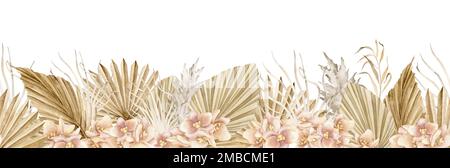 Blumenrande mit exotischen tropischen Palmenblättern und Orchideenblumen. Nahtloses Muster mit getrockneten Pflanzen im Bo-Ho-Stil. Böhmischer botanischer Rahmen in hellen Pastelltönen für Hochzeitseinladungen oder Karten. Stockfoto