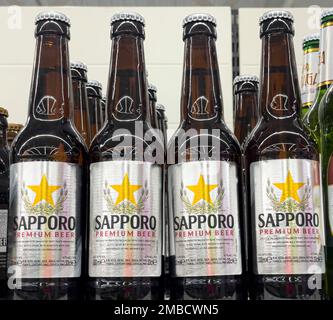 Anapa, Russland, 03. August 2022: Flaschen Sapporo-Bier in den Regalen des MAGNIT-Supermarkts, Russland Stockfoto